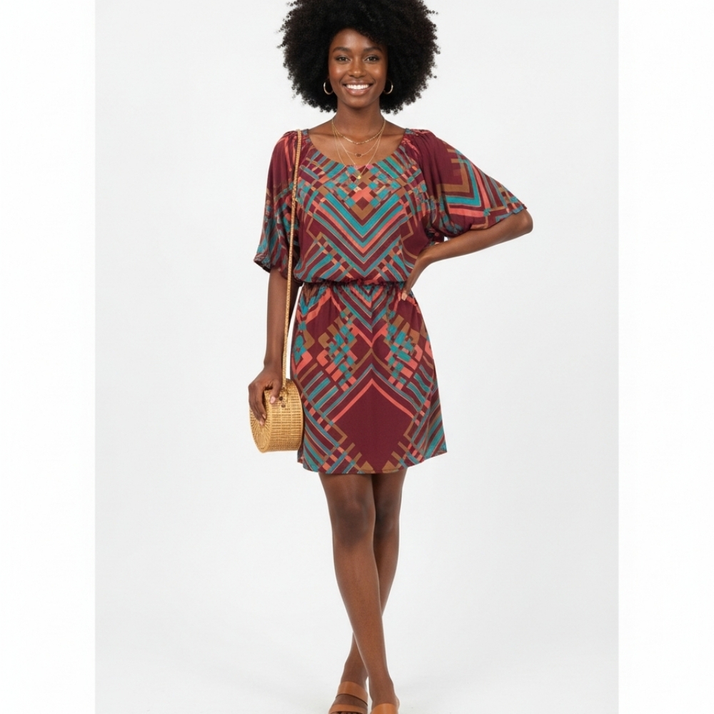 JESSICA SIMPSON wine red with teal dress